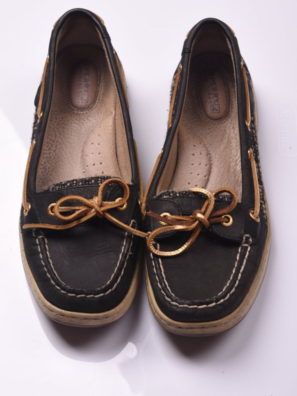 Sperry Top-Sider Women’s Angelfish Boat Shoes Black Tweed Plaid Leather Size 8.5